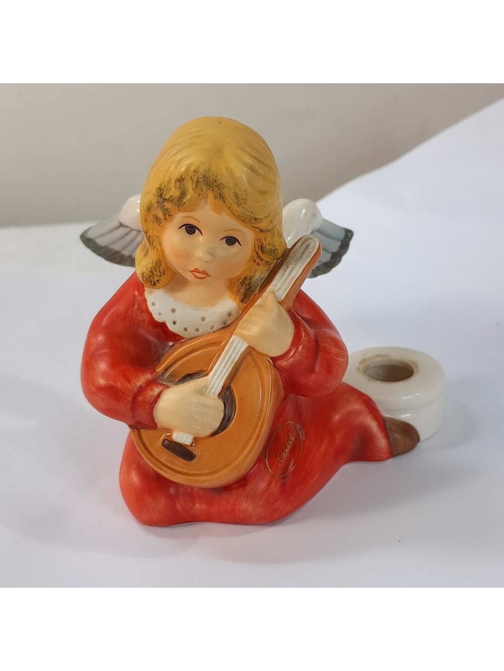 Vintage Goebel Weihnacht angel girl candle holder red Mandolin 42-077 figurine